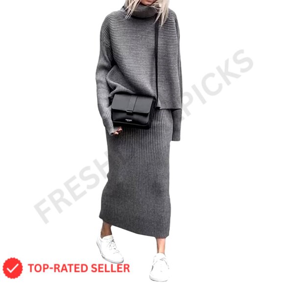 Ribbed Knit Turtleneck Sweater Midi Skirt Set 2 Piece Outfit